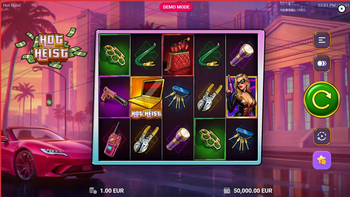Interface neon do slot Hot Heist com elementos de espionagem