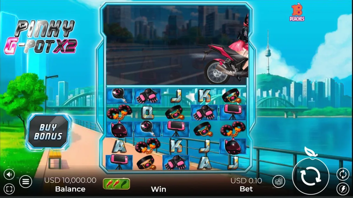 Interface neon do jogo Pinky G-Pot X2 com elementos de cultura urbana