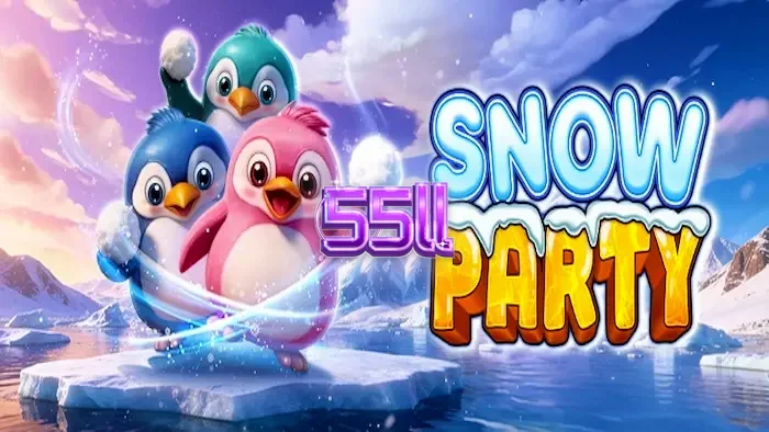Personagens pinguins e criaturas marinhas em um cenário festivo de gelo no slot Snow Party.